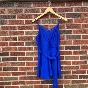 Express Blue Chiffon Spaghetti Strap Surplice Belted Mini Dress